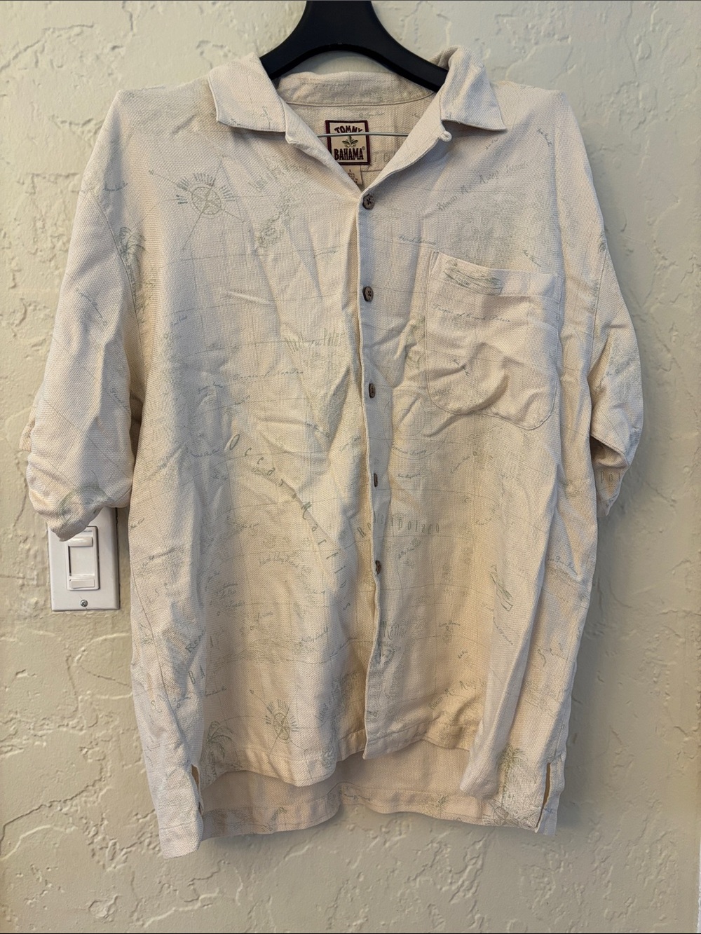 Tommy Bahama Cream Short-Sleeve Camp Shirt with Blue & Black Elephant Graphic